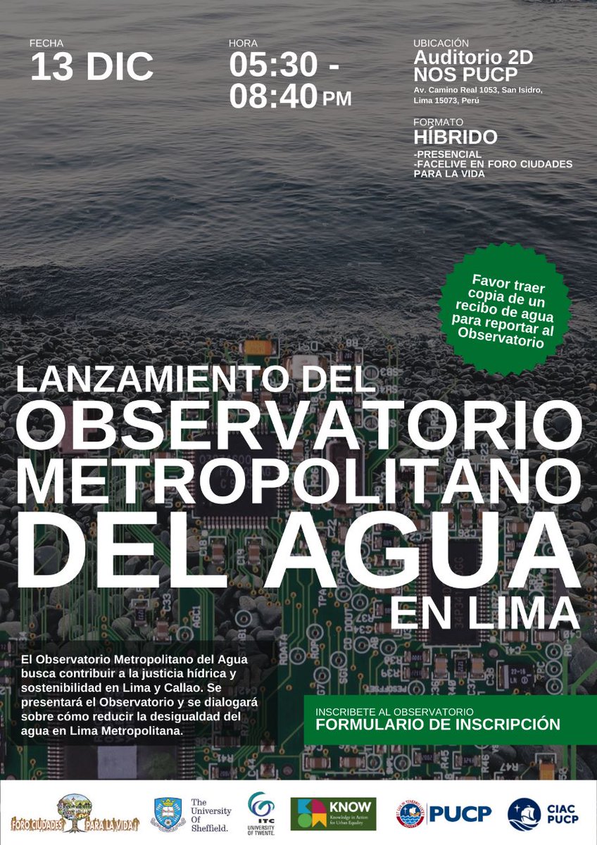 🗓️ Este martes 13 de diciembre a las 5 p.m., se presentará el Observatorio Metropolitano del Agua en Lima, plataforma que busca contribuir a una distribución más justa del agua. 
  Más info e inscripciones aquí:  forms.gle/Z61tKAzDi86yPw…