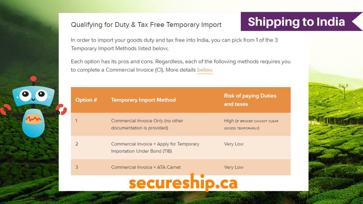 Secureship's tweet photo. What items can you import tax and duty-free to #India from #Canada? Learn everything you need to know to save money #shipping to India. https://t.co/t0ItWEh1MN

#ShippingQuestions https://t.co/5fze84NR4j