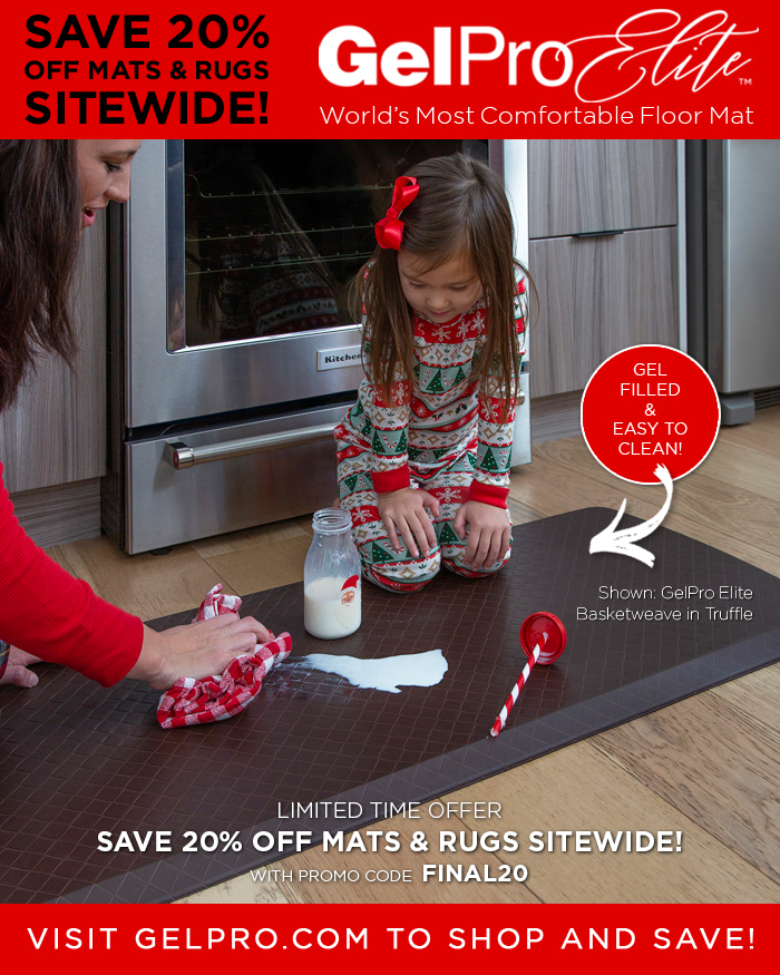 GelPro's tweet photo. Clean up is a breeze with our water and stain resistant top fabric.  Use promo code Final20 to save on our comfort mats in time to enjoy cloud like comfort while you prep for the holiday festivities! https://t.co/jDhg2VkVK6