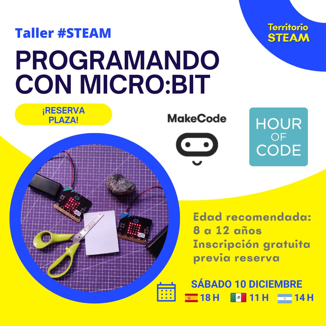 ¡Ven a celebrar la #horadelcódigo con nosotros/as!

✨Taller online 'Micro:bit + MakeCode' para niños y 
       niñas de 8 a 12 años.
🗓️Sábado 10 de diciembre
🕧18 h de España 

Reserva plaza aquí 👇
lnkd.in/d3tVV7Jn

#microbit #makecode #EducaciónSTEAM