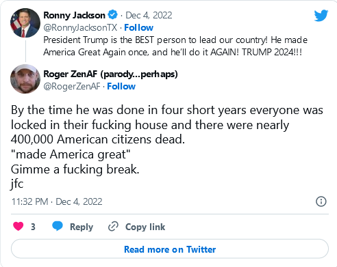 Solarman1955's tweet photo. @RonnyJacksonTX What a fucking liar you are, Jackson. I try to be nice here, and not cuss. There is no excuse for your tweets. Your corruption, that of the entire GOP, requires forceful responses. Seditionists. Inciters of violence. TRAITORS.

https://t.co/XilQMNZnxE