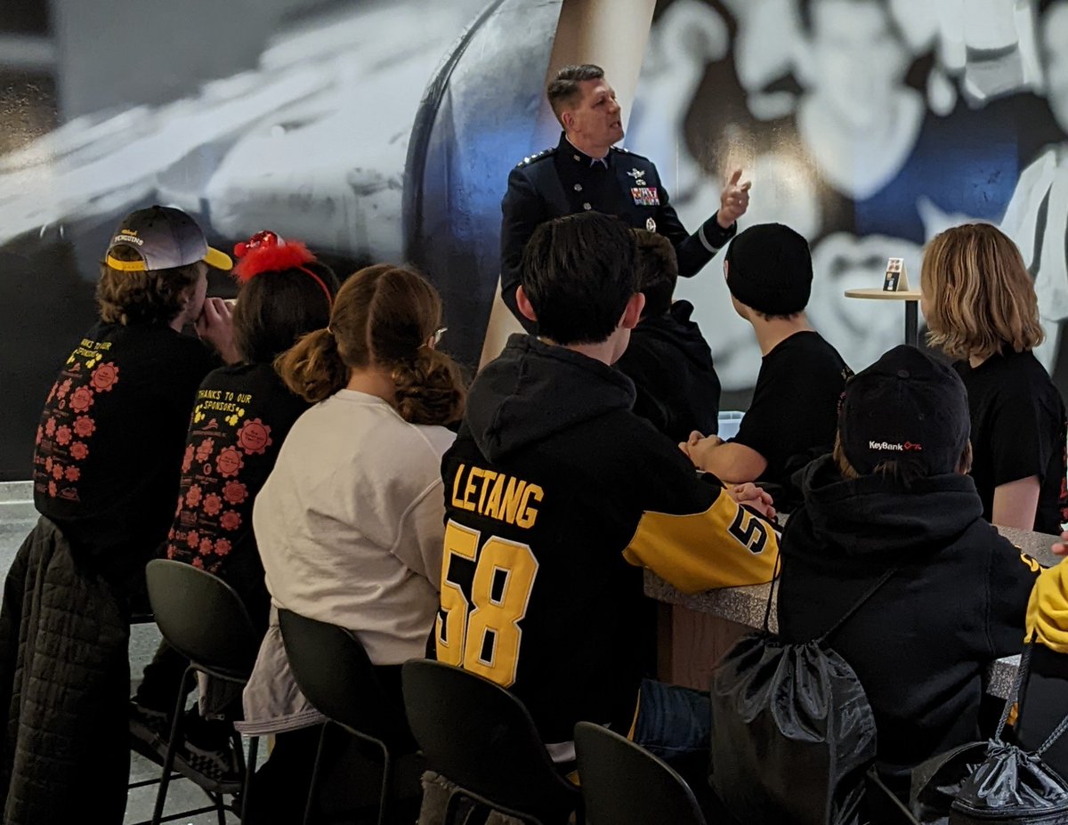 frc5740's tweet photo. On December 1, 2022, the NC Robotics Team met with General Thompson, Vice Chief of Space Operations, United States Space Force.  General Thompson was in Pittsburgh to celebrate the 3rd Anniversary of Space Force and hosted our team for a Q and A, followed by the Penguins game. https://t.co/BdGURjjM0s
