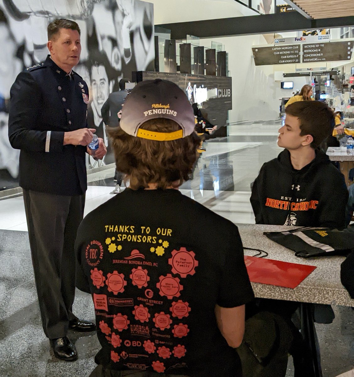 frc5740's tweet photo. On December 1, 2022, the NC Robotics Team met with General Thompson, Vice Chief of Space Operations, United States Space Force.  General Thompson was in Pittsburgh to celebrate the 3rd Anniversary of Space Force and hosted our team for a Q and A, followed by the Penguins game. https://t.co/BdGURjjM0s