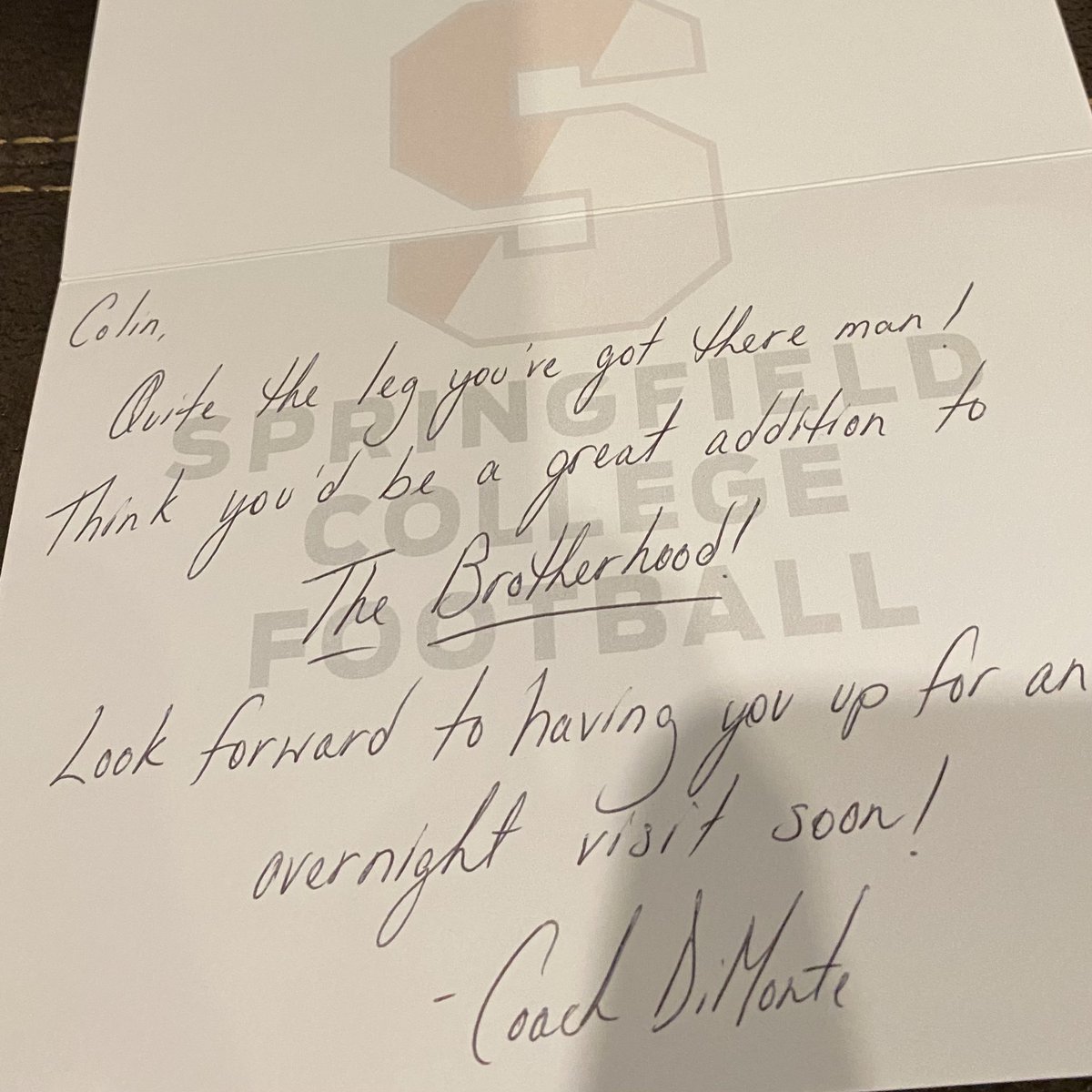 Colin Mazzola (@mazzola_colin) on Twitter photo Came home to this letter from <a href="/_SCFootball/">Springfield Football</a> Thanks to <a href="/CoachDiMonte/">Vince DiMonte</a>! Looking forward to my visit this Friday! #BUILDTHEBROTHERH23D #LTBR Came home to this letter from <a href="/_SCFootball/">Springfield Football</a> Thanks to <a href="/CoachDiMonte/">Vince DiMonte</a>! Looking forward to my visit this Friday! #BUILDTHEBROTHERH23D #LTBR