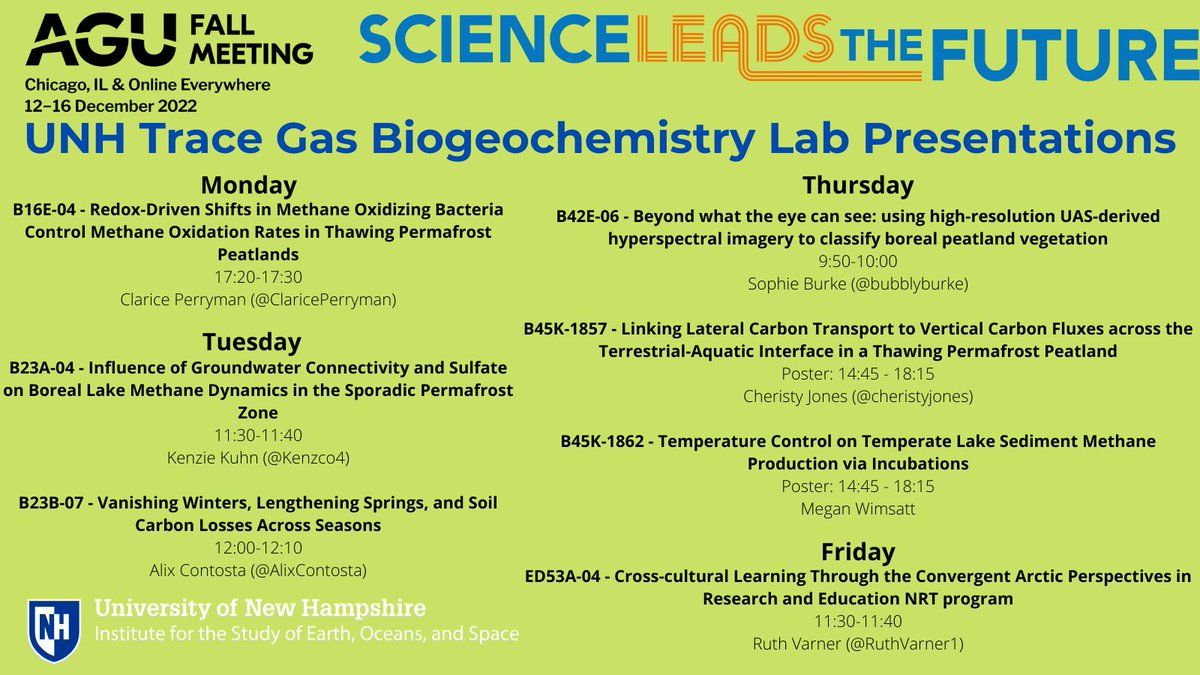 Many chances to see what's new in the UNH Trace Gas Biogeochemistry Lab at #AGU22! Catch up with the latest research by our group members ⬇️