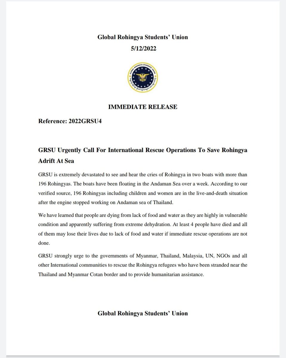 IMMEDIATE RELEASE

GRSU Urgently Call For International Rescue Operations To Save Rohingya Adrift At Sea.
