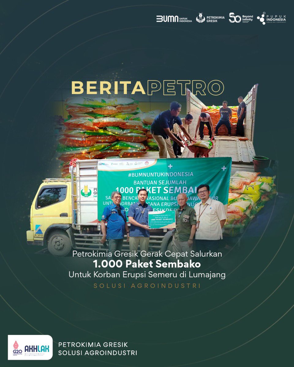 petrogresik's tweet photo. #PetrokimiaGresikPeduliBerbagi
Petrokimia Gresik gerak cepat di tengah erupsi Gunung Semeru, Lumajang dengan menyalurkan bantuan sejumlah 1.000 paket sembako nih Sahabat.

 #Agrosolusi #Agrosolution #ErupsiGunungSemeru #bantuanSemeru #ErupsiSemeru #KorbanSemeru https://t.co/HLCdeEwkbx