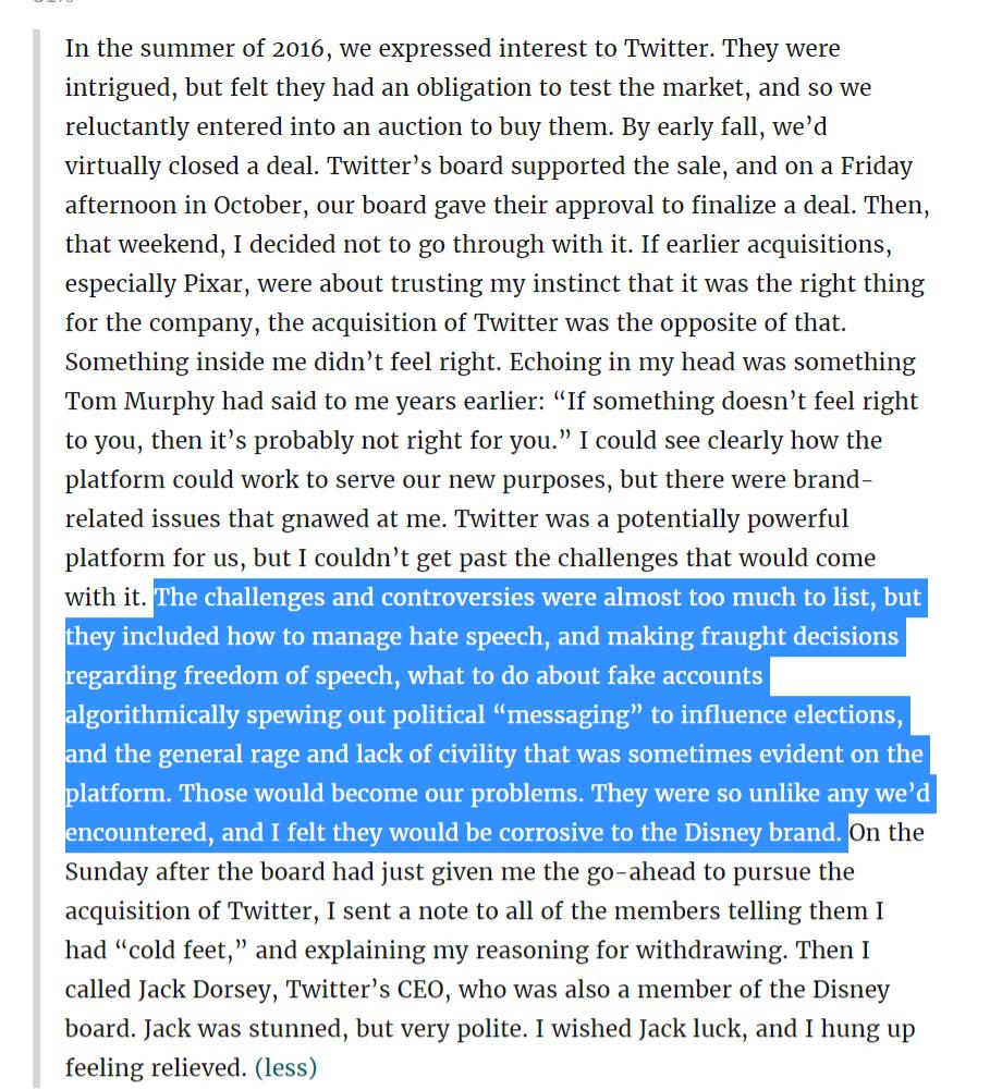 In 2016 Disney almost bought Twitter. They came *very* close. Both boards had approved it, it was all but done. At the last minute CEO Bob Iger got cold feet. His reasoning is interesting in light of current events. https://t.co/xMLIUAm6as