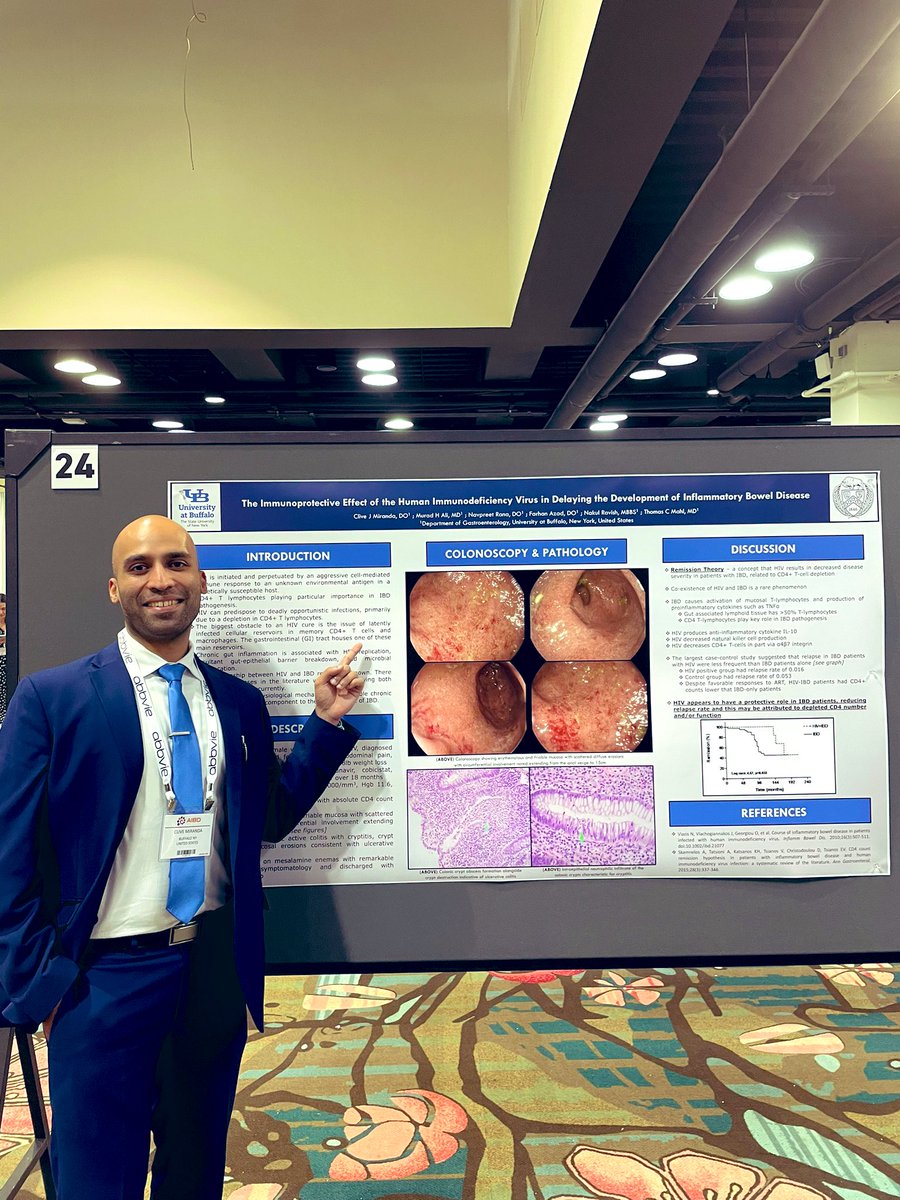 🚨 Excited to present a rare case of coexisting #HIV and ulcerative colitis, discussing a potential immunoprotective effect of HIV in delaying the development of #IBD !! 😮 👀 

#AIBD2022 @IBDConference #GITwitter #IBDTwitter #IDTwitter