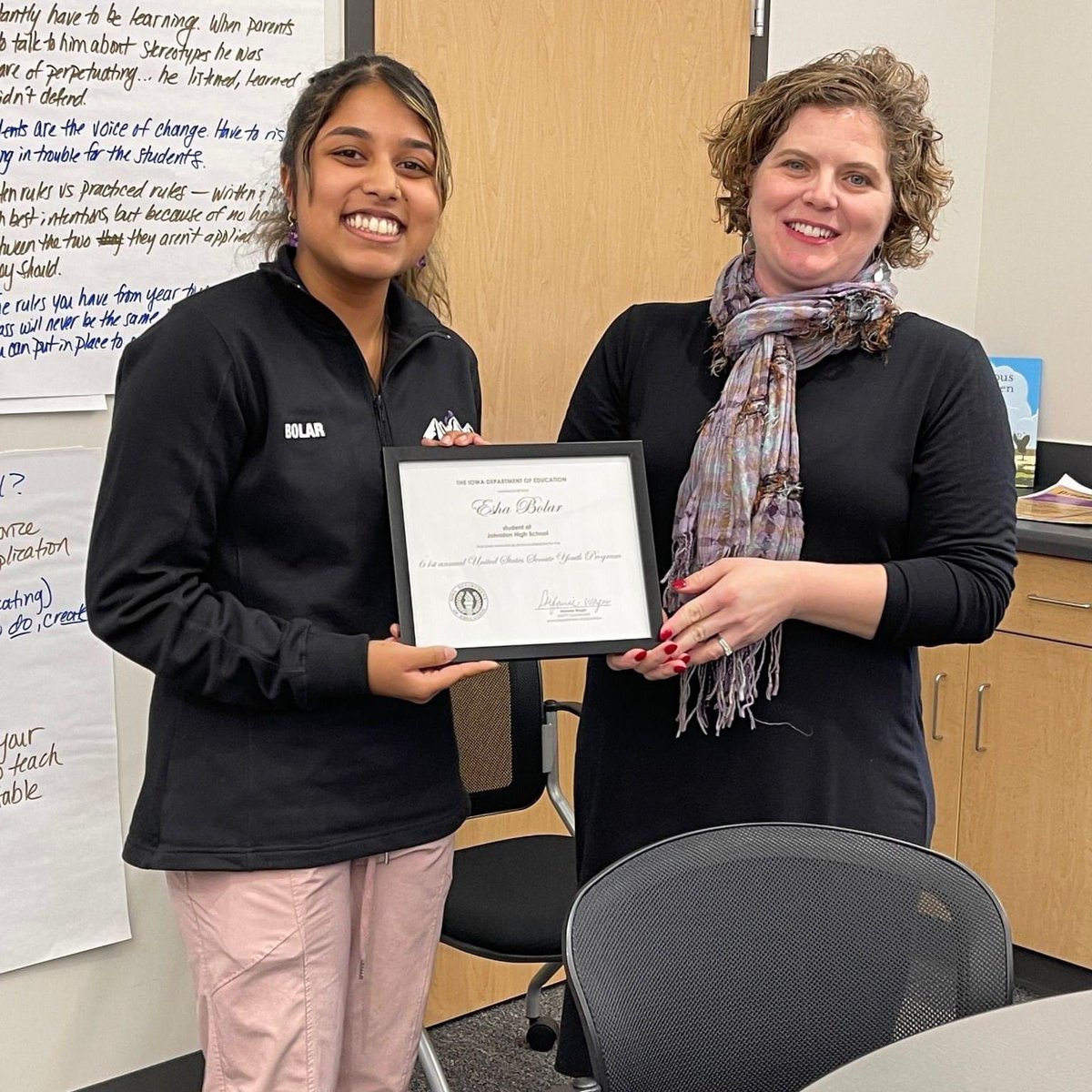 JHS senior Esha Bolar was named one of two Iowa delegates to the U.S. @SenateYouth Program, which comes with a $10,000 scholarship and a trip to Washington, D.C. She will join Andrew Dong from Iowa City West at Washington Week, March 4–11, 2023. johnstoncsd.org/news/2022/12/e…