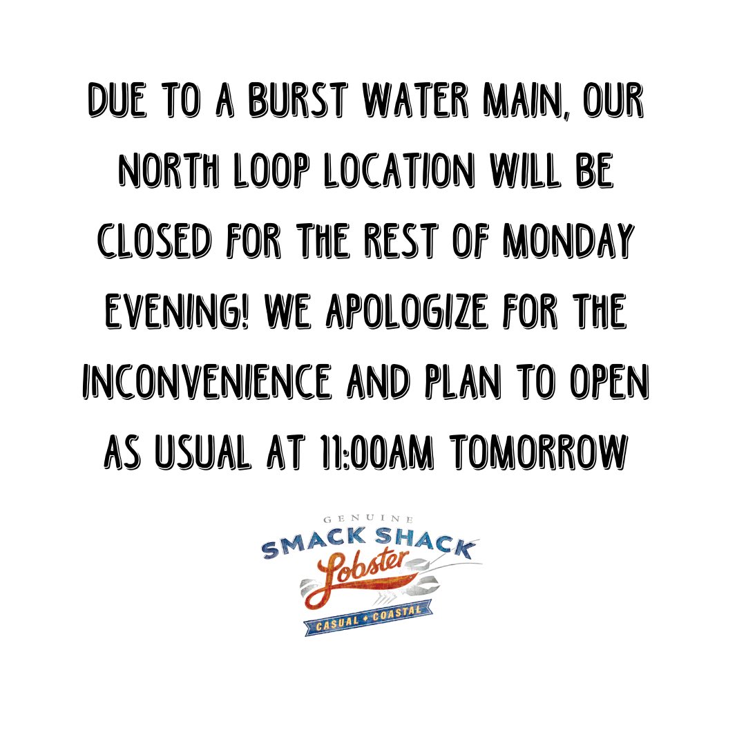 Due to a burst water main, our North Loop location will be closed for the rest of Monday evening, 12/05! We apologize for the inconvenience and plan to open as usual at 11:00 am tomorrow on Tuesday, 12/06!