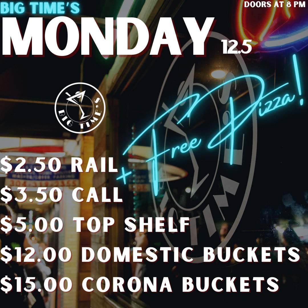 Doors at 8 PM! Free pizza plus these specials 🍕