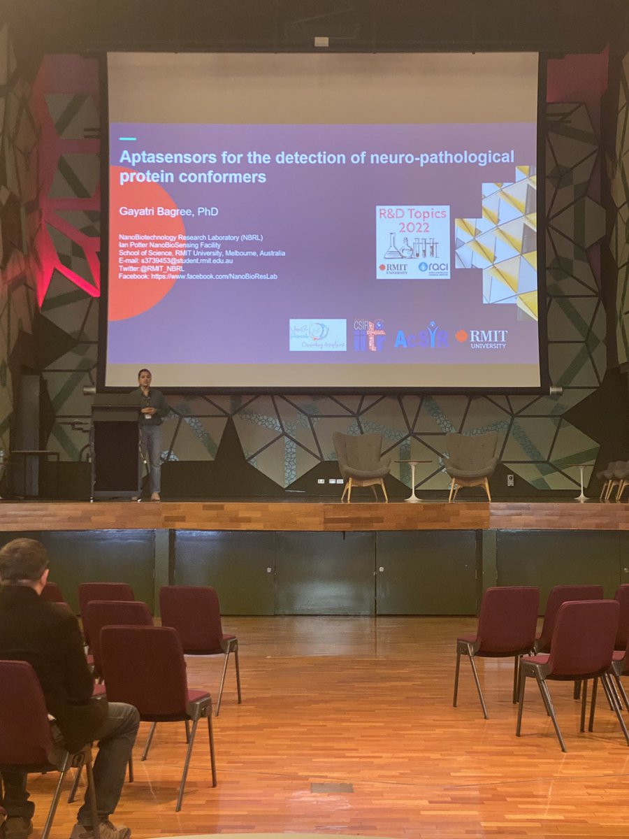 RnDTopics2023's tweet photo. Gayatri Bagree from @RMIT is presenting her work on “aptasensors for the detection of neuro-pathological protein conformers” in the second day @RnDTopics2022 
#RnDTopics2022 #RACI #RMIT https://t.co/A2lRfvkK7h