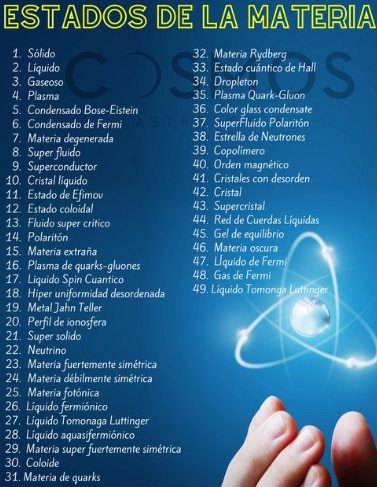 Redsyca's tweet photo. Los 49 estados de la materia...hasta ahora: #Solido #Liquido #Gaseoso #Plasma https://t.co/o8jh1qCJT8 https://t.co/vYmI0x584V