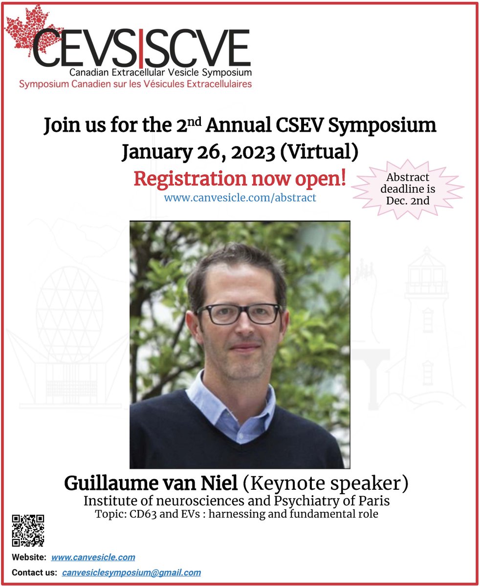 asaleem_'s tweet photo. 📢Calling all #extracellularvesicle #EV researchers! 🎉 @CanVesSociety is proud to announce our 2nd annual symposium! We're excited to host @guillaume_niel as the keynote speaker!

More details: https://t.co/0flC4oSXg8. Please note new abstract deadline = Dec 16. Please RT. 🙏 https://t.co/lkjXYhrXeQ