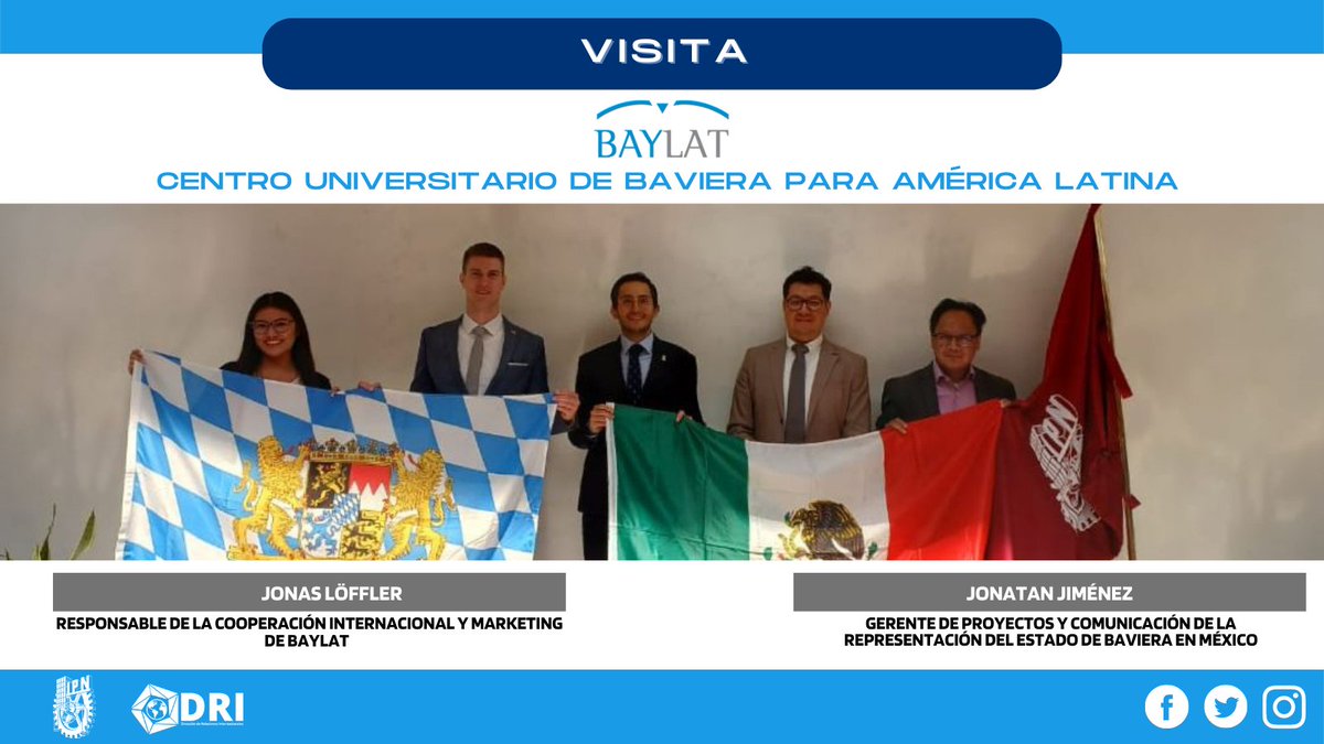 IPN_DRI's tweet photo. 🎓Con el objetivo de fortalecer la colaboración académica y de investigación en el #IPN, el pasado 10 de noviembre recibimos a Jonas Löffler, en representación de BAYLAT y a Jonatan Jiménez, en representación de Baviera en México.

#internacionalización #BAYLAT #MasMundoenelIPN https://t.co/RhIBUL881H