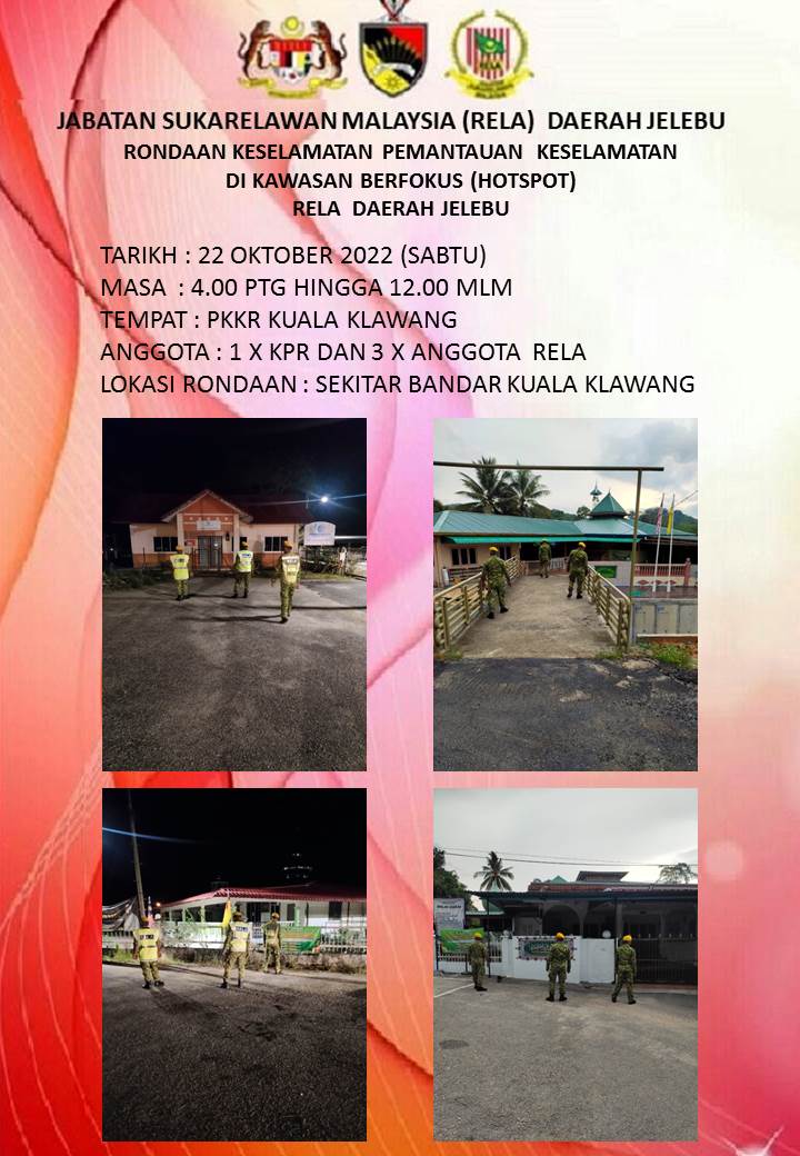 RONDAAN KESELAMATAN PEMANTAUAN KESELAMATAN DIKAWASAN BERFOKUS (HOTSPOT) RELA DAERAH JELEBU.
#OPPATUH
#Amaldanpatuh
#JELABU 
#StayAtHome 
#KitaTeguhKitaMenang 
#Setiaberbakti
@officialrelamalaysia <a href="/yahyakgc/">Yahya Sulaiman</a> <a href="/relamalaysia/">relamalaysia</a> 
<a href="/PrdGunalan/">Gunalan</a> <a href="/RELA_N9/">RELA NEGERI SEMBILAN</a>