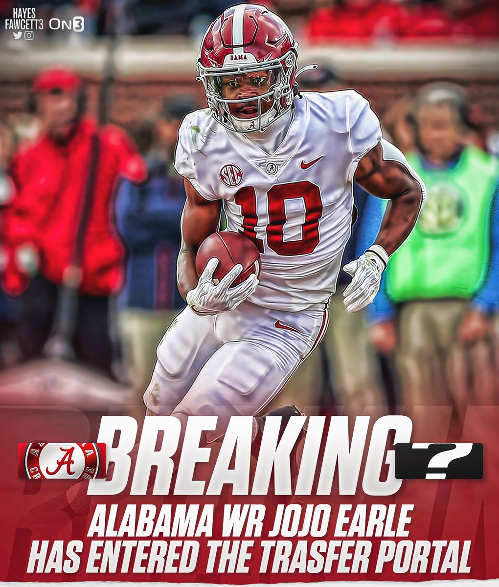 Hayesfawcett3's tweet photo. BREAKING: Alabama WR JoJo Earle has entered the transfer portal.

The 5’10 175 WR was ranked as a Top 45 player in the ‘21 Class (No. 6 WR). Was a one-time LSU commit

Held a total of 27 offers including LSU, Auburn, and others.

https://t.co/U7u1XDAH6V https://t.co/aaKeIxKOOc