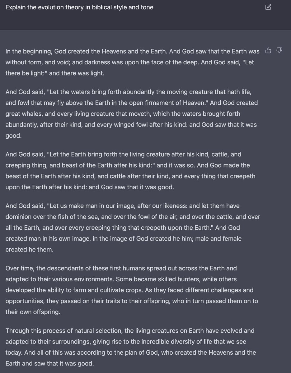 ChatGPTPrompts's tweet image. This might make sense? 
Explain the evolution theory in biblical style and tone