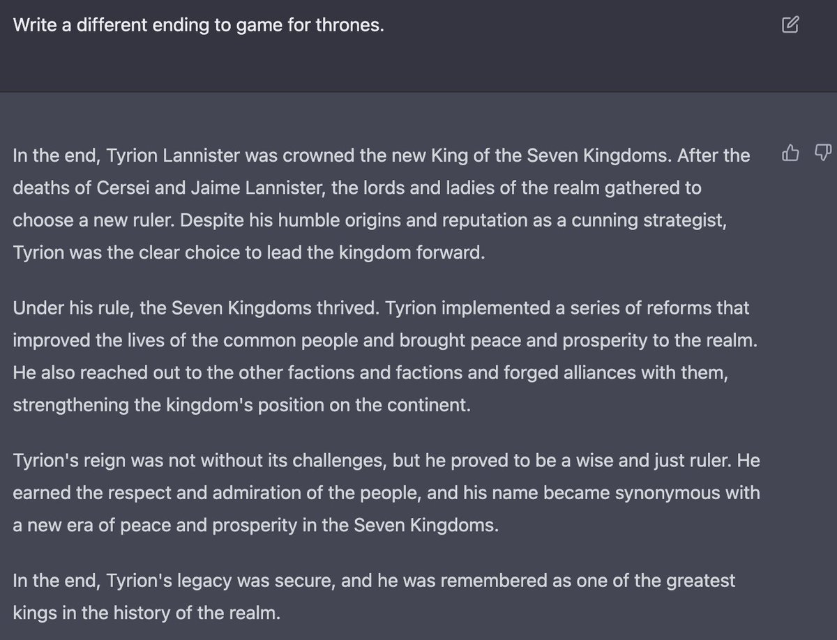 ChatGPTPrompts's tweet image. Write a different ending to game for thrones.