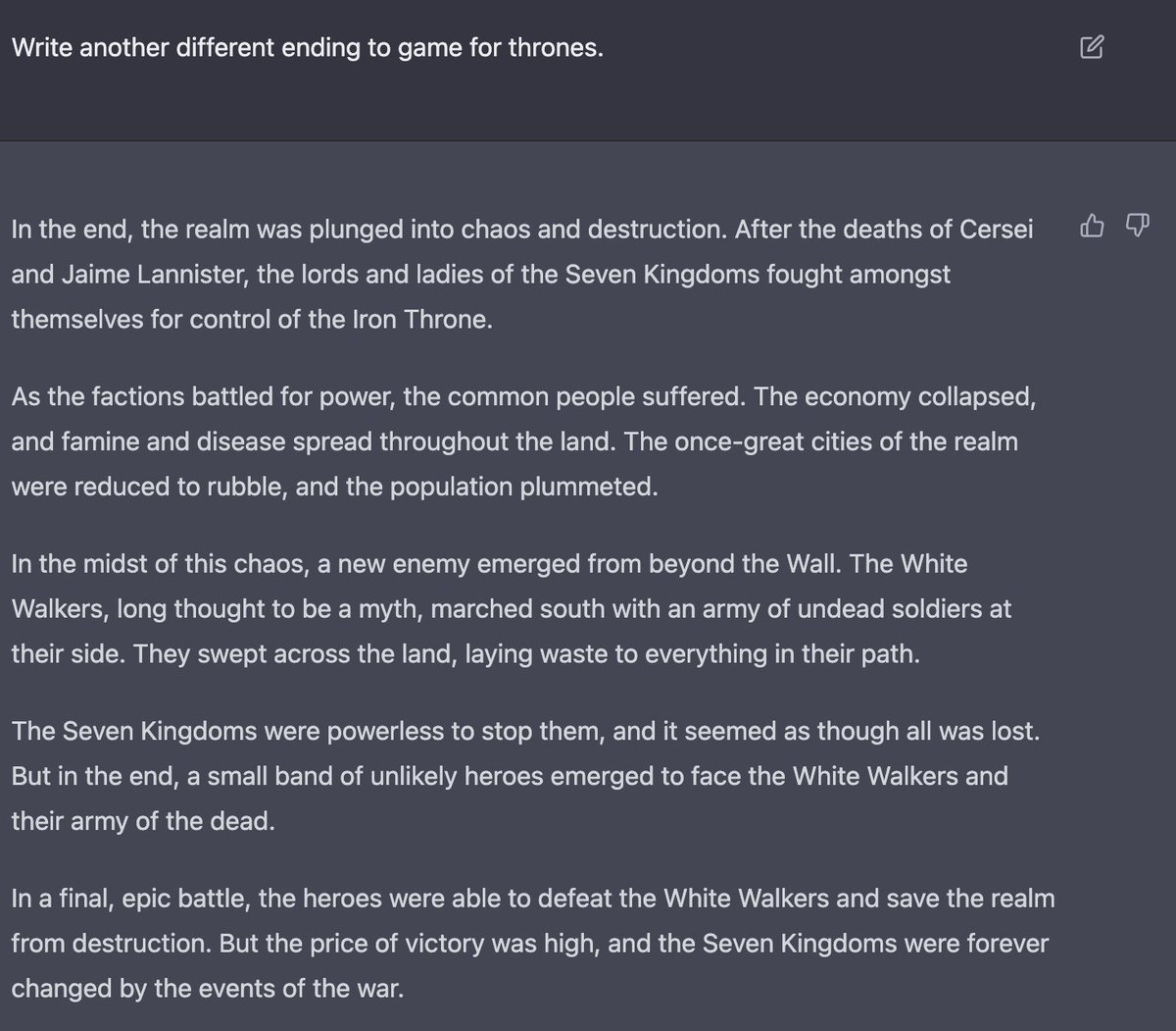 ChatGPTPrompts's tweet image. Write another different ending to game for thrones.