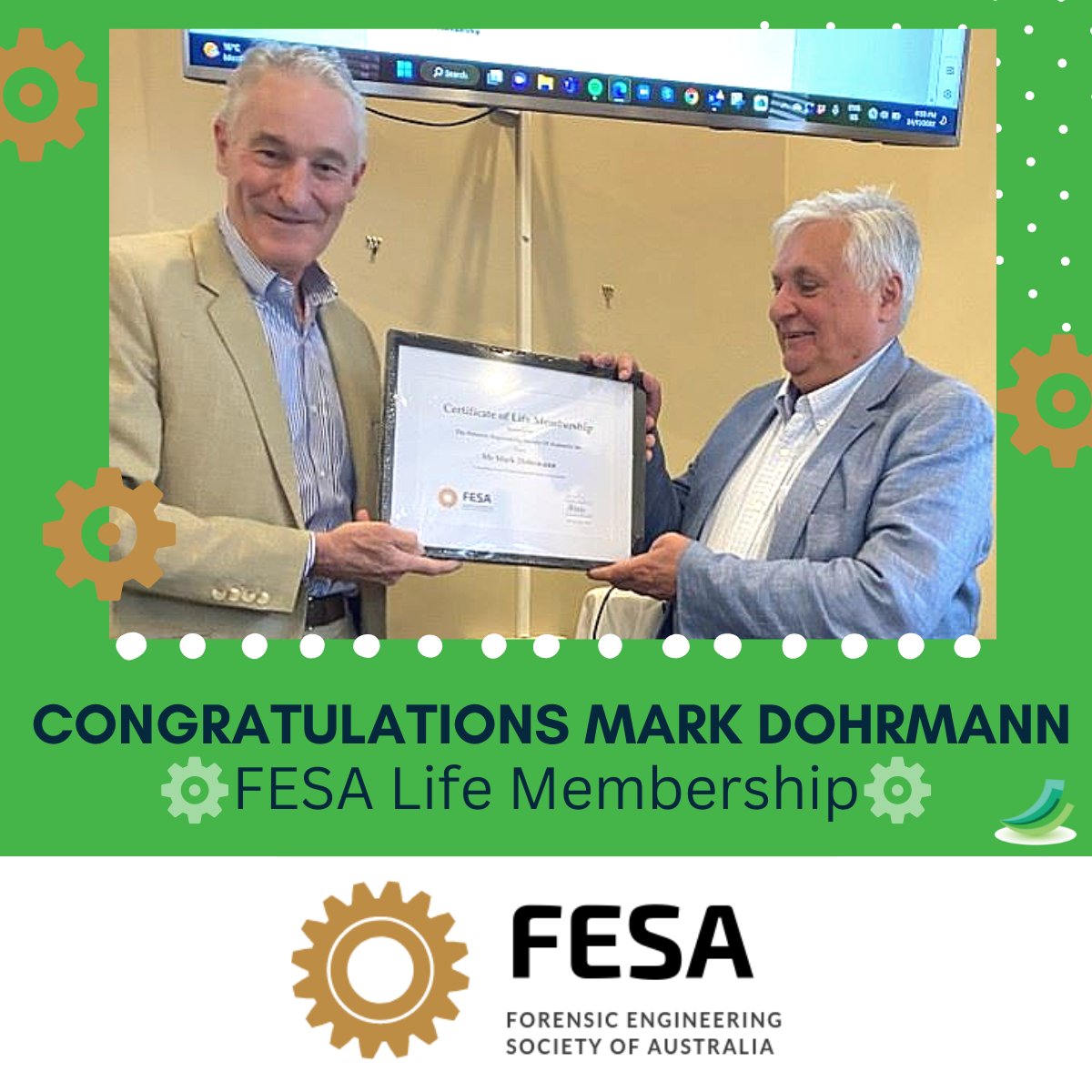 Congratulations <a href="/Mark_Dohrmann/">Mark Dohrmann</a>, for being presented with a life membership of FESA - Forensic engineering society of Australia, for his 23 years of continuous service to the committee. Great to see your dedication and contributions acknowledged.