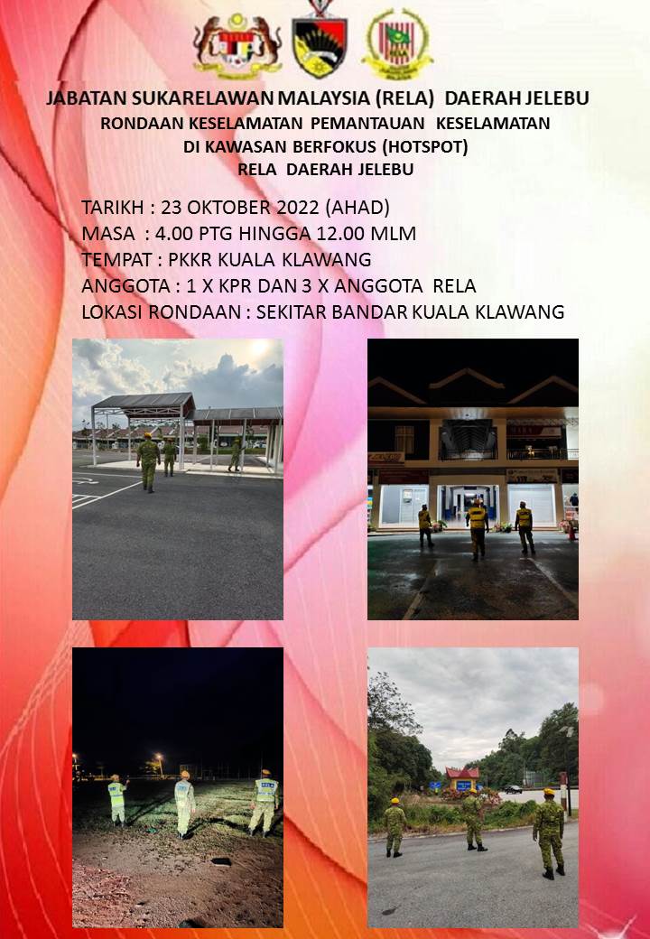 RONDAAN KESELAMATAN PEMANTAUAN KESELAMATAN DIKAWASAN BERFOKUS (HOTSPOT) RELA DAERAH JELEBU.
#OPPATUH
#Amaldanpatuh
#JELABU 
#StayAtHome 
#KitaTeguhKitaMenang 
#Setiaberbakti
@officialrelamalaysia <a href="/yahyakgc/">Yahya Sulaiman</a> <a href="/relamalaysia/">relamalaysia</a> 
<a href="/PrdGunalan/">Gunalan</a> <a href="/RELA_N9/">RELA NEGERI SEMBILAN</a>