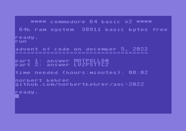 I solved now days 1 to 5 of Advent of Code 2022 in BASIC on the Commodore 64. Let's see how far I can get.
Here is the source code for my 5 solutions: github.com/norbertkehrer/…