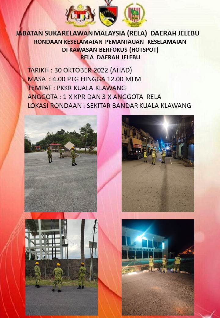 RONDAAN KESELAMATAN PEMANTAUAN KESELAMATAN DIKAWASAN BERFOKUS (HOTSPOT) RELA DAERAH JELEBU.
#OPPATUH
#Amaldanpatuh
#JELABU 
#StayAtHome 
#KitaTeguhKitaMenang 
#Setiaberbakti
@officialrelamalaysia <a href="/yahyakgc/">Yahya Sulaiman</a> <a href="/relamalaysia/">relamalaysia</a> 
<a href="/PrdGunalan/">Gunalan</a> <a href="/RELA_N9/">RELA NEGERI SEMBILAN</a>