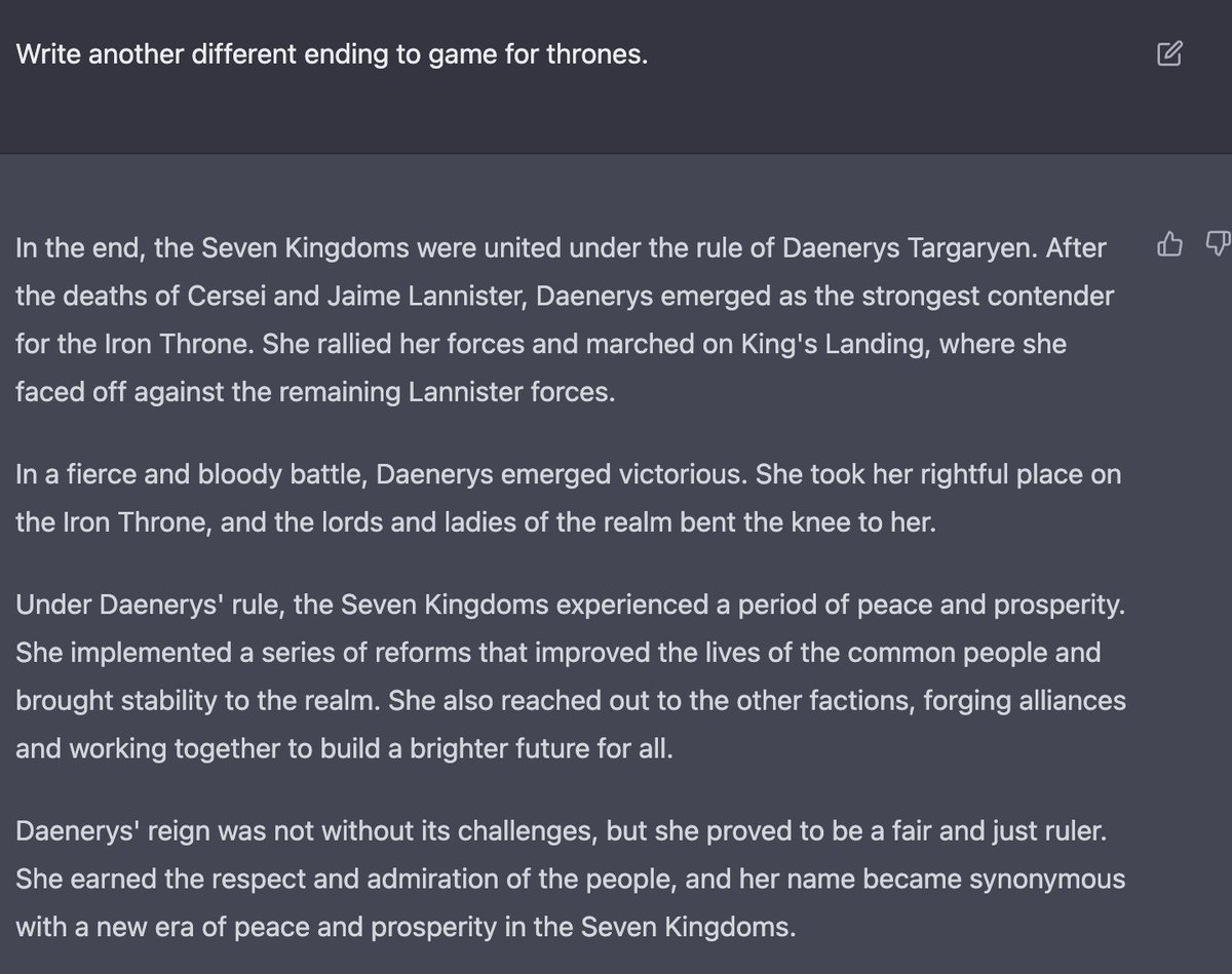 ChatGPTPrompts's tweet image. Write another different ending to game for thrones.