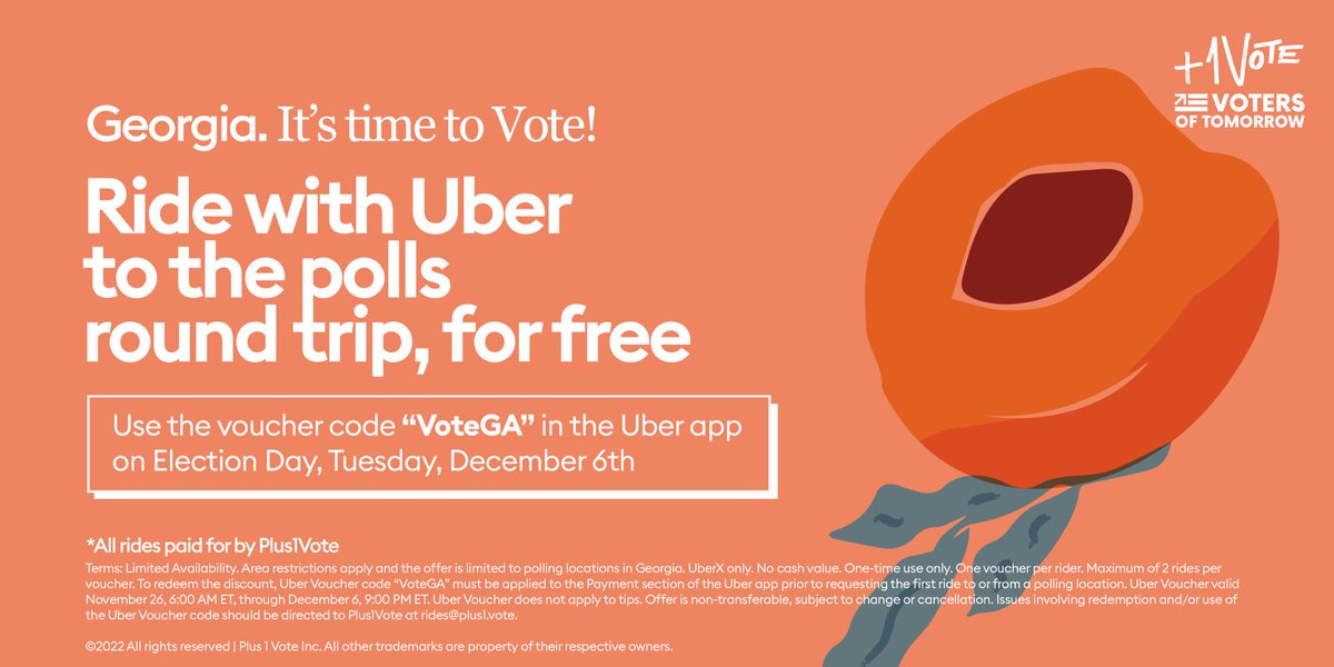 We’ve partnered with @Plus1_Vote to provide FREE Uber rides to the polls for young voters in Georgia. Simply use the code VoteGA tomorrow and get a voucher for a round trip to go vote.