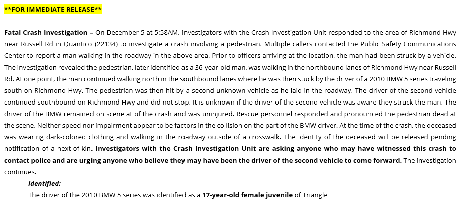 PWCPolice's tweet photo. *FOR IMMEDIATE RELEASE: #PWCPD crash investigators are investigating an early morning fatal collision involving a pedestrian that occurred on RT.1 near Russell Rd around 6am. A 36-year-old man was struck by two vehicles, one of the vehicles remained at the scene. More info; https://t.co/Xq9Xznq54j