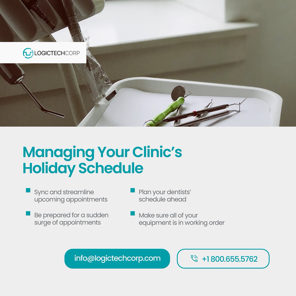 LogicTechCorp's tweet image. With the holidays approaching, clinics are bound to become busy. Here are some suggestions from Logic Tech to maintain a smooth transition into the lively holidays!

#dental #dentalsoftware #technology #logictech
