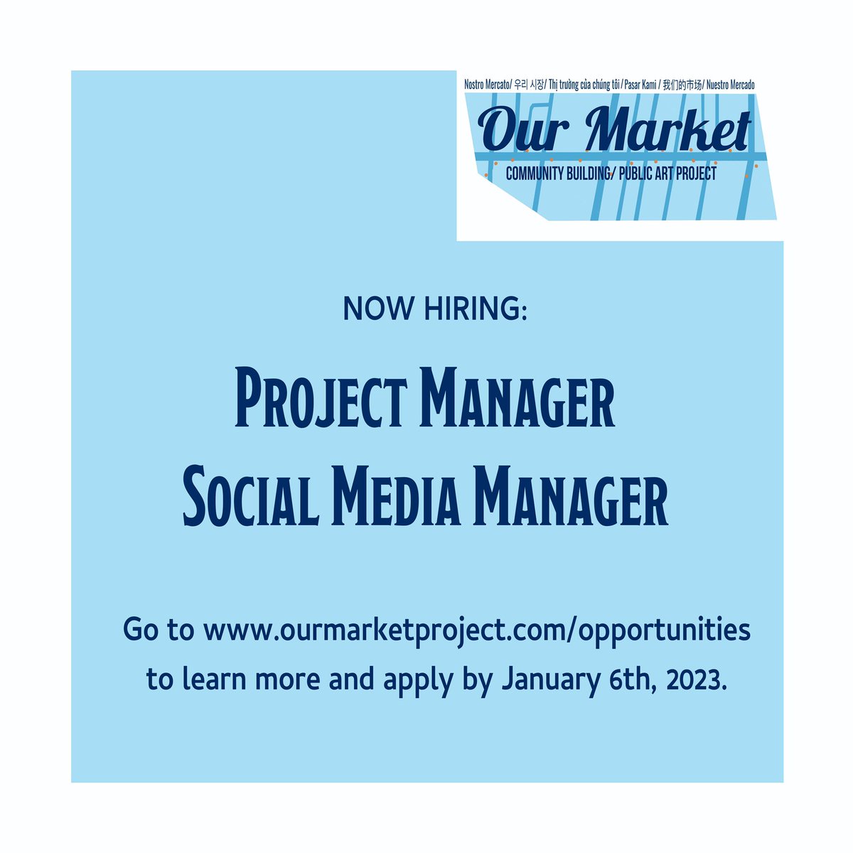 michelleaortiz1's tweet photo. The "Our Market" team is growing! I am seeking to hire a Project Manager and Social Media Manager. Go to https://t.co/2fhpbgyBsw to learn more and apply by January 6th, 2023. https://t.co/jcsgjHDfUA