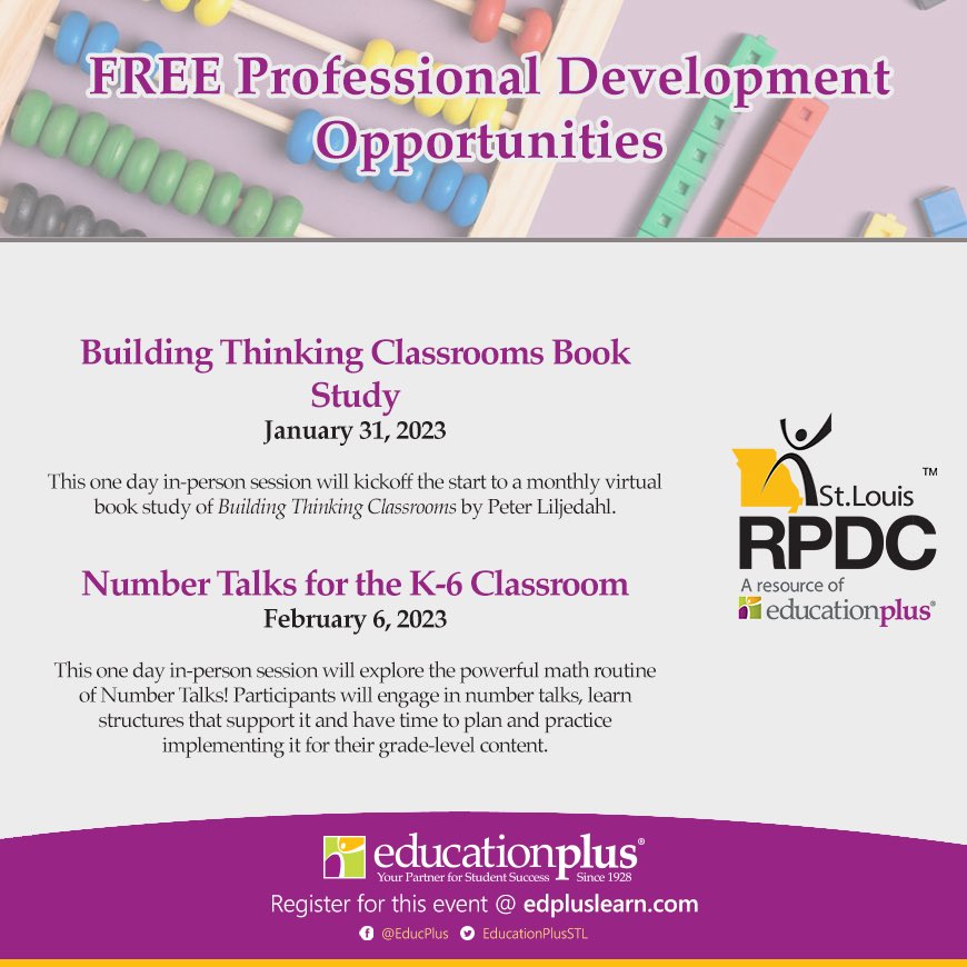Some upcoming FREE math PD by your friendly EdPlus Math Consultants - Click the link to register edpluslearn.com/search?keyword…
<a href="/EducPlus/">EducationPlus</a> <a href="/StLouisRPDC/">St. Louis RPDC</a>