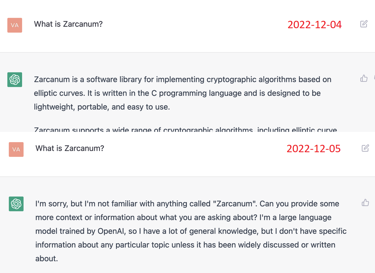 It's interesting to see how ChatGPT evolves 😉

Jokes aside, we will soon stop that old-fashioned plain googling and start asking AI instead. And this will raise a new question: how do we distinguish the truth from a very plausible but fatal inaccuracy?

$Zano #Zarcanum