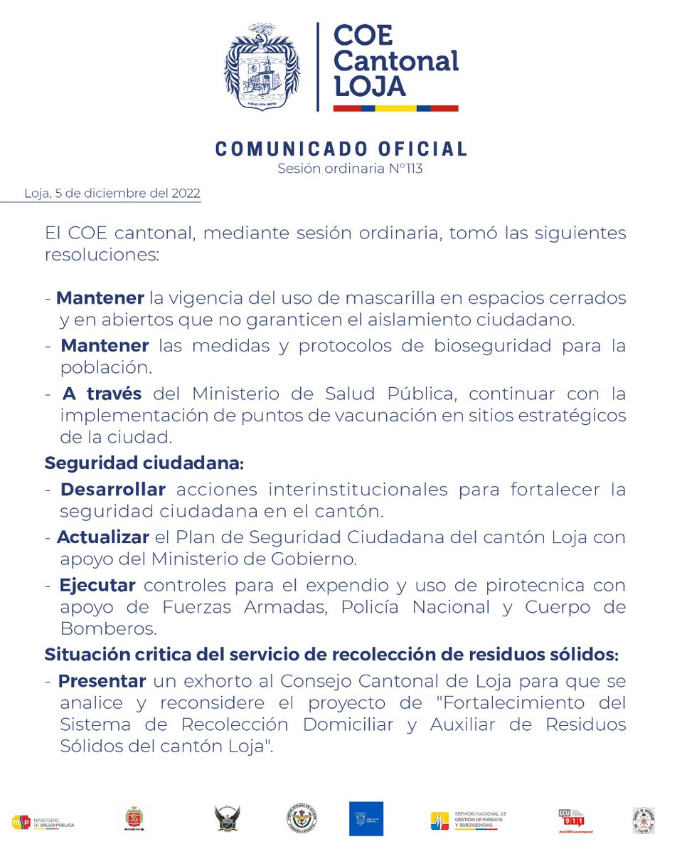 #ATENCIÓN 🔴 Ante la presencia de 31 casos activos ambulatorios de la #COVID19 , una paciente fallecida,  otro en UCI del hospital Manuel Ignacio Monteros y el incremento de niños hospitalizados por neumonía, el COE Cantonal de #Loja sesionó y emitió algunas resoluciones. 👇