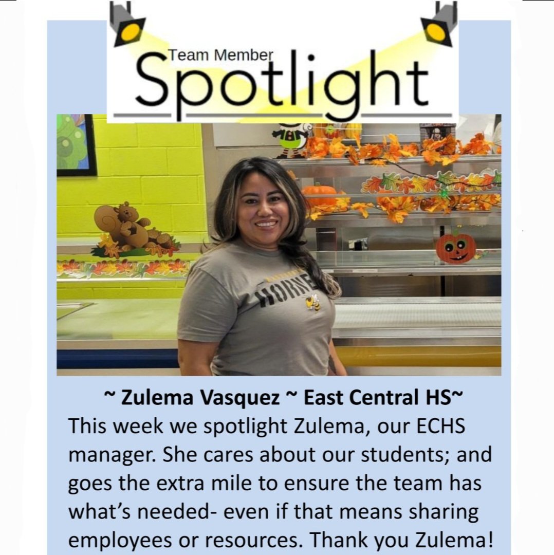 ECISDcafe's tweet photo. Meet Zulema. She is our ECHS manager and our Spotlight Team Member of the week. Thank you for all you do. #BetterTogether https://t.co/fDt1xt74QO
