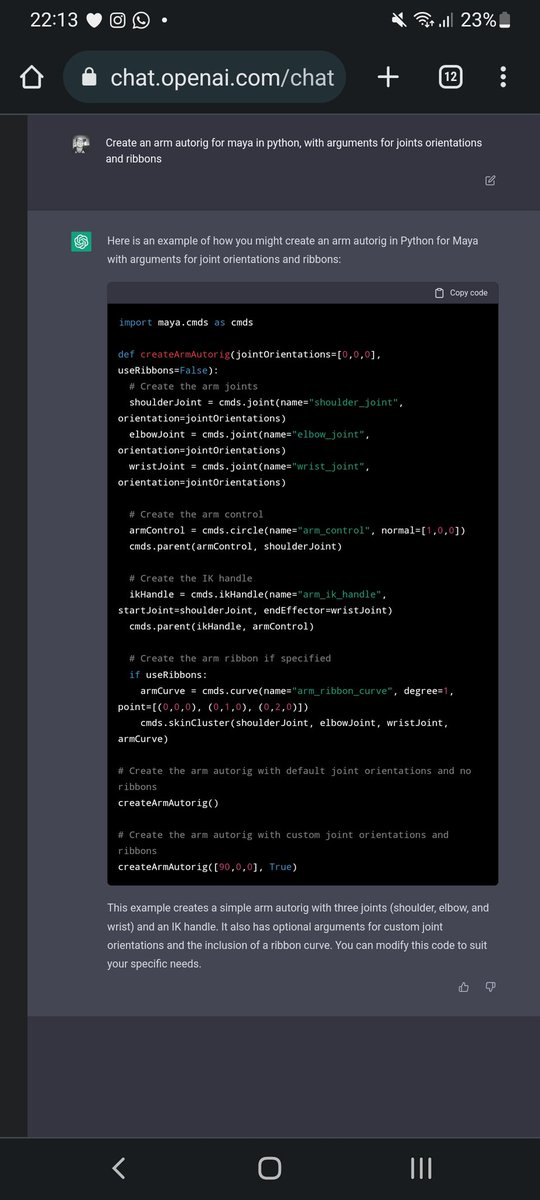 vitorams's tweet photo. Well I really liked working as rigger... it was good while it lasted.
Here is a quick conversation with an AI #mayarig #rigtip #charactertd #aí #openai #rigging https://t.co/yr7atn0inD