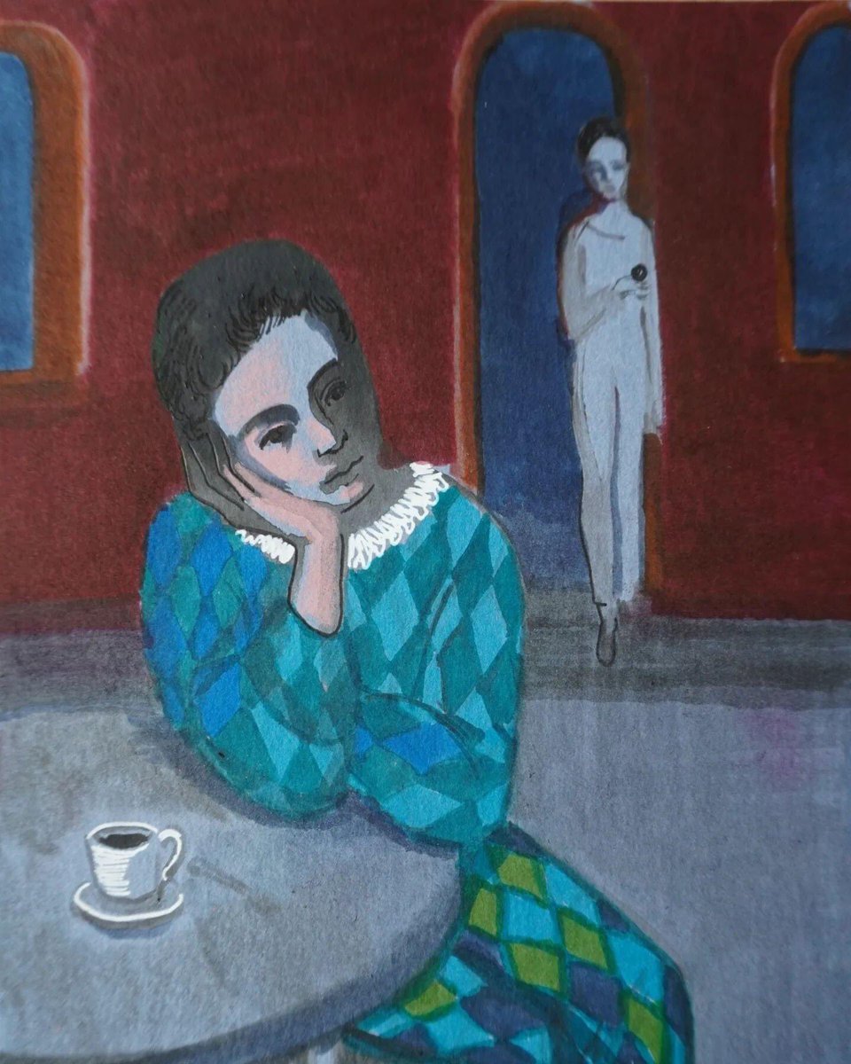 هذه اللوحة وصفت الحالة النفسية التي قال عنها فرانس كافكا :

"لا سماء هذا المساء، لا سهر، لا مدينة، لا بلد، أجلس متكئاً على وحدتي، شارداً في لا أحد".

painting by katarzyna karpowicz