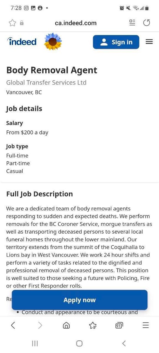 Canada Indeed now has job postings for body removal agents. Performing removals for the BC coroner service and morgue transfers. There are dozens of these job postings. They’re described as a team of body removal agents “responding to sudden and expected deaths.”#DiedSuddenly