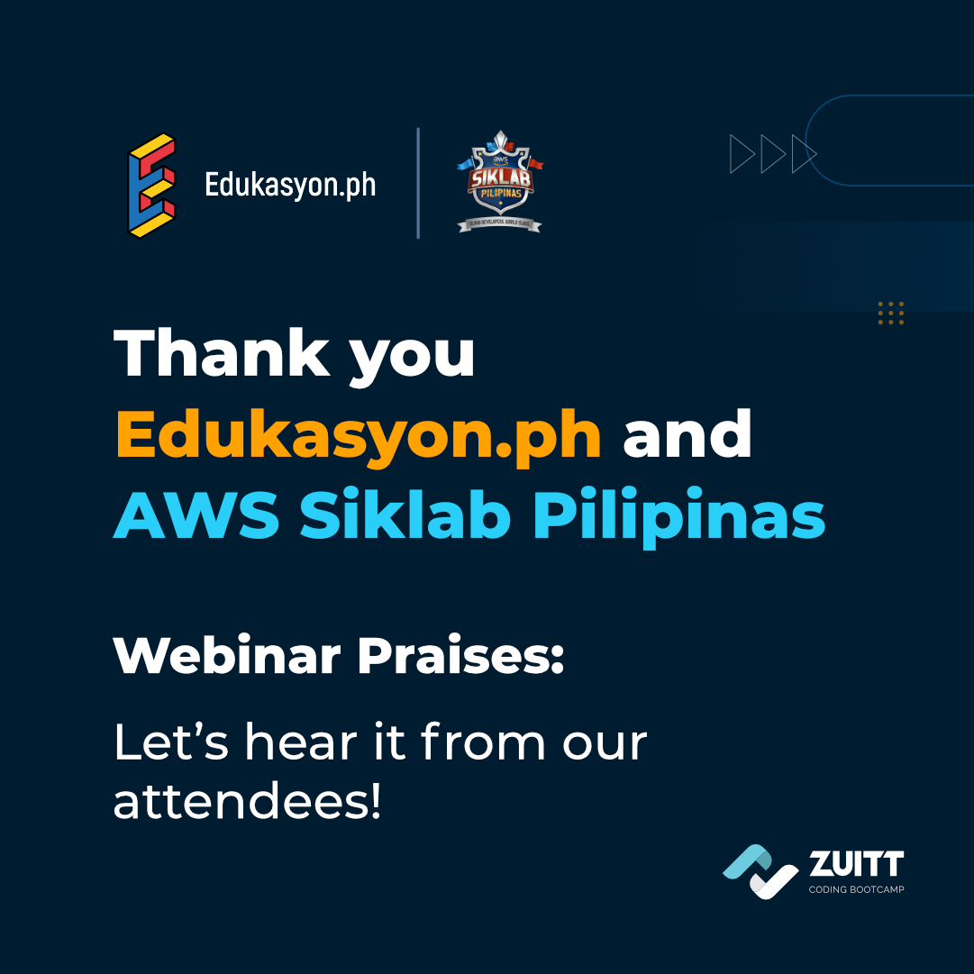 zuittco's tweet photo. Thank you to our partners, https://t.co/MP0Au63CMZ and AWS Siklab Pilipinas for making this Free Webinar possible.
#AWSSiklabPilipinas #AWS #EdukasyonPH #ZuittCodingBootcamp #ZuittFreeWebinar https://t.co/1X2mjB0u63