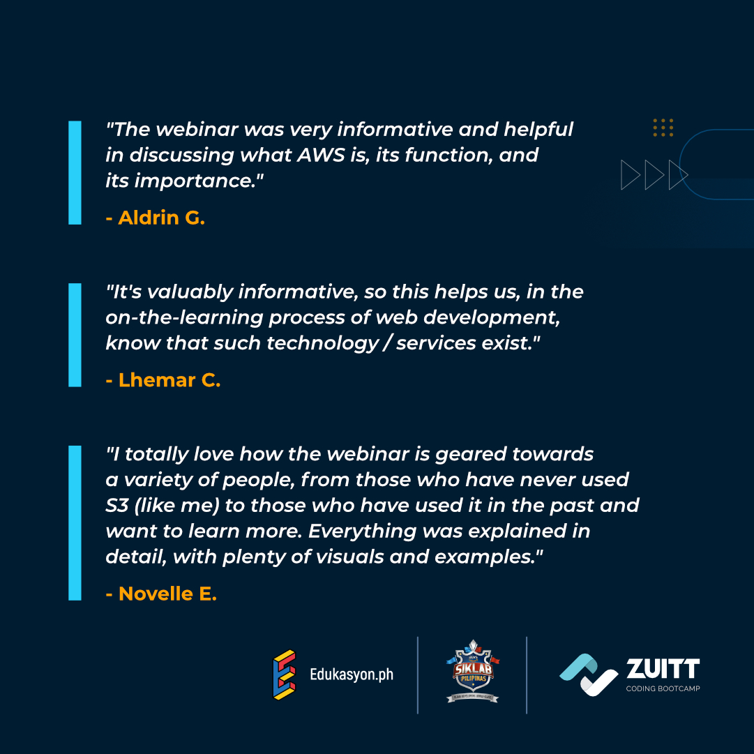 zuittco's tweet photo. Thank you to our partners, https://t.co/MP0Au63CMZ and AWS Siklab Pilipinas for making this Free Webinar possible.
#AWSSiklabPilipinas #AWS #EdukasyonPH #ZuittCodingBootcamp #ZuittFreeWebinar https://t.co/1X2mjB0u63