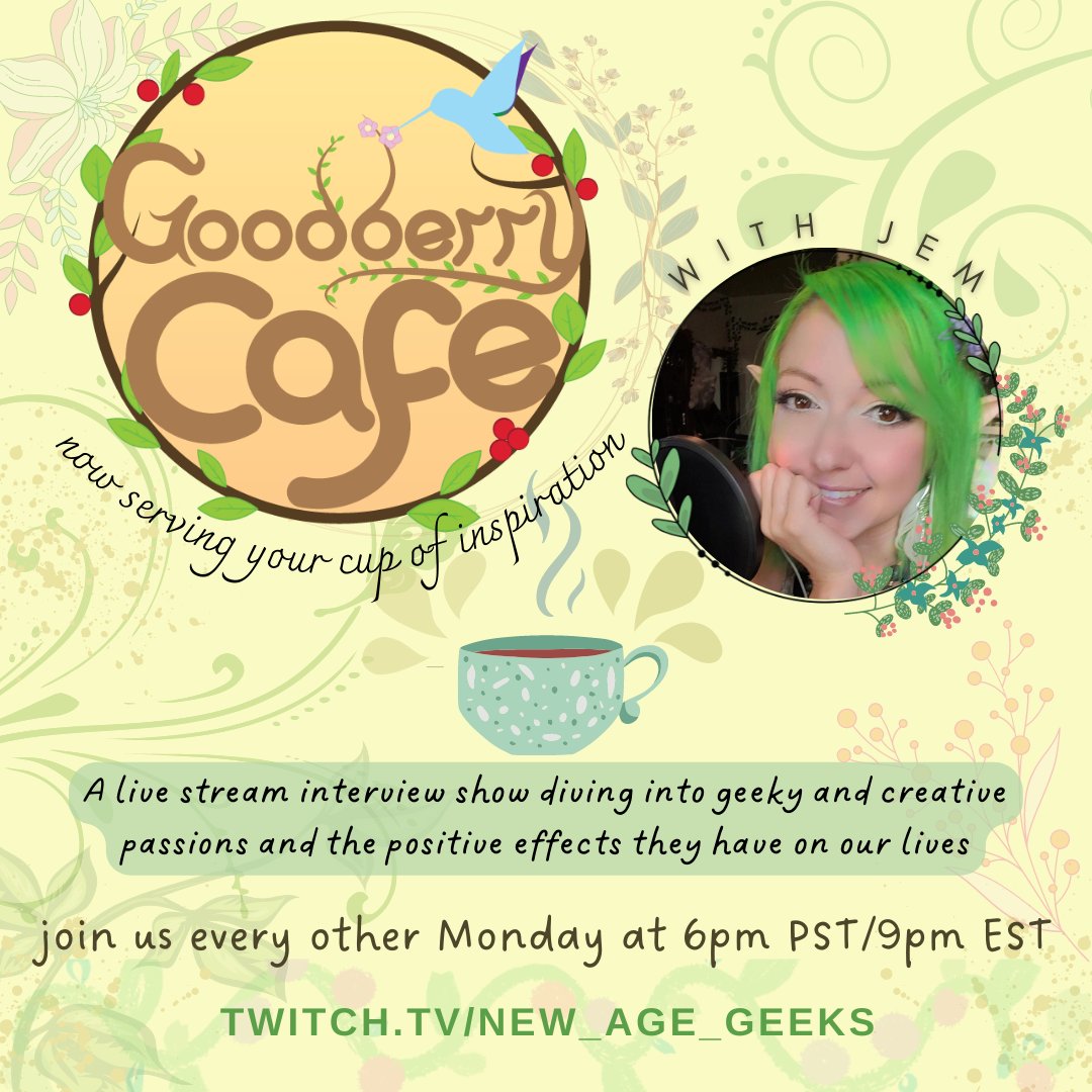New_Age_Geeks's tweet photo. Going live for our interview with @jemboree on tonights Goodberry Cafe! Come pull up with a warm cup of inspiration!

https://t.co/4t1KXM52MF

#goodberrycafe #mentalhealthpodcast #interviewshow #twitchtv #newagegeeks #geeks #cosplay #lgbtq #streamer #streamergirl #twitchstreamer https://t.co/N7TLXpNc3I