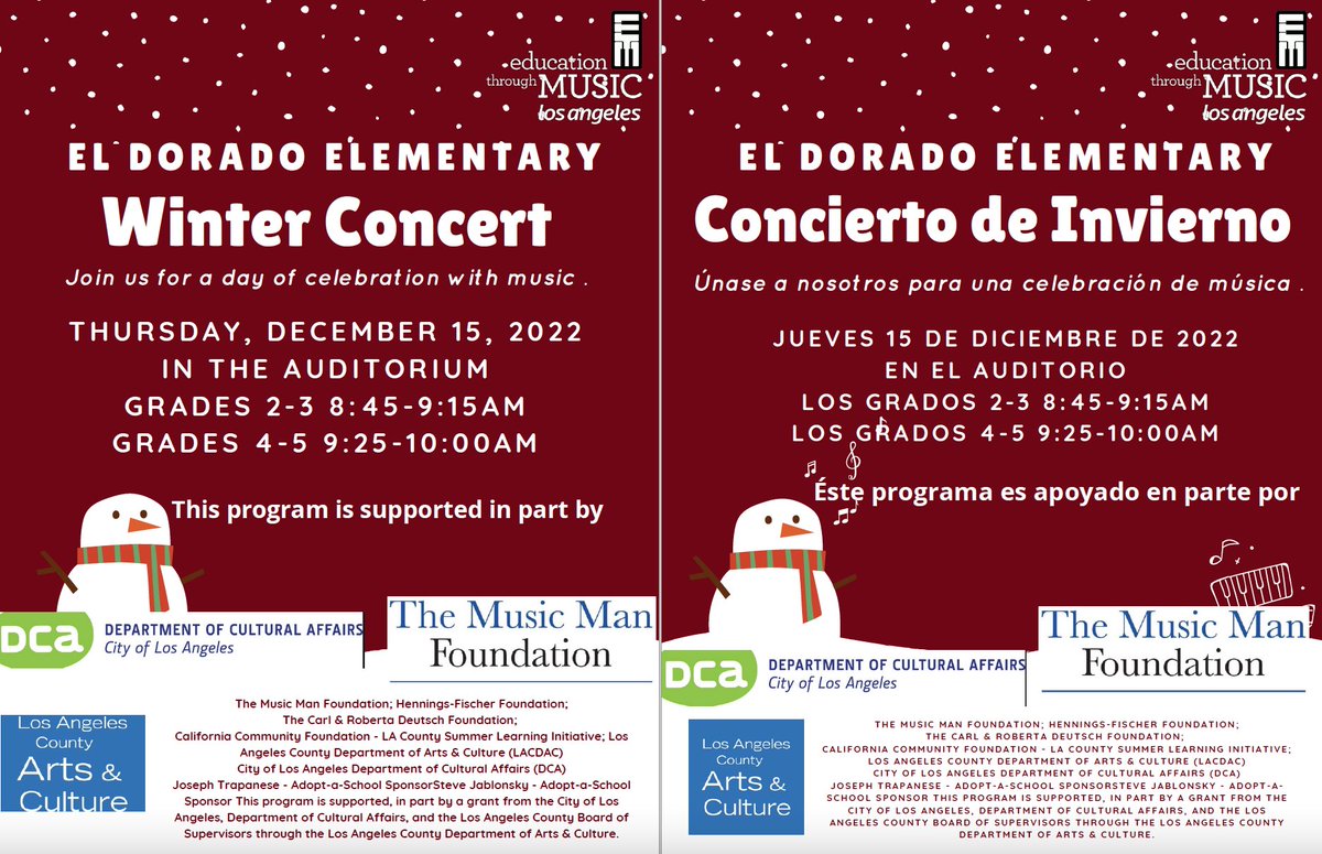 <a href="/ElDoradoBears/">El Dorado Avenue Elementary</a> Join us for our Winter Concert on Dec. 15! Students have been working hard! ¡Únete a nosotros para nuestro concierto de invierno el 15 de diciembre! ¡Los estudiantes han estado trabajando duro para prepararse! <a href="/LDNESchools/">LDNortheast-ARCHIVE</a> <a href="/LASchools/">Los Angeles Unified</a> <a href="/SFS_COS/">SanFernando.Sylmar.COS</a> <a href="/Kelly4LASchools/">Kelly Gonez, LAUSD</a>