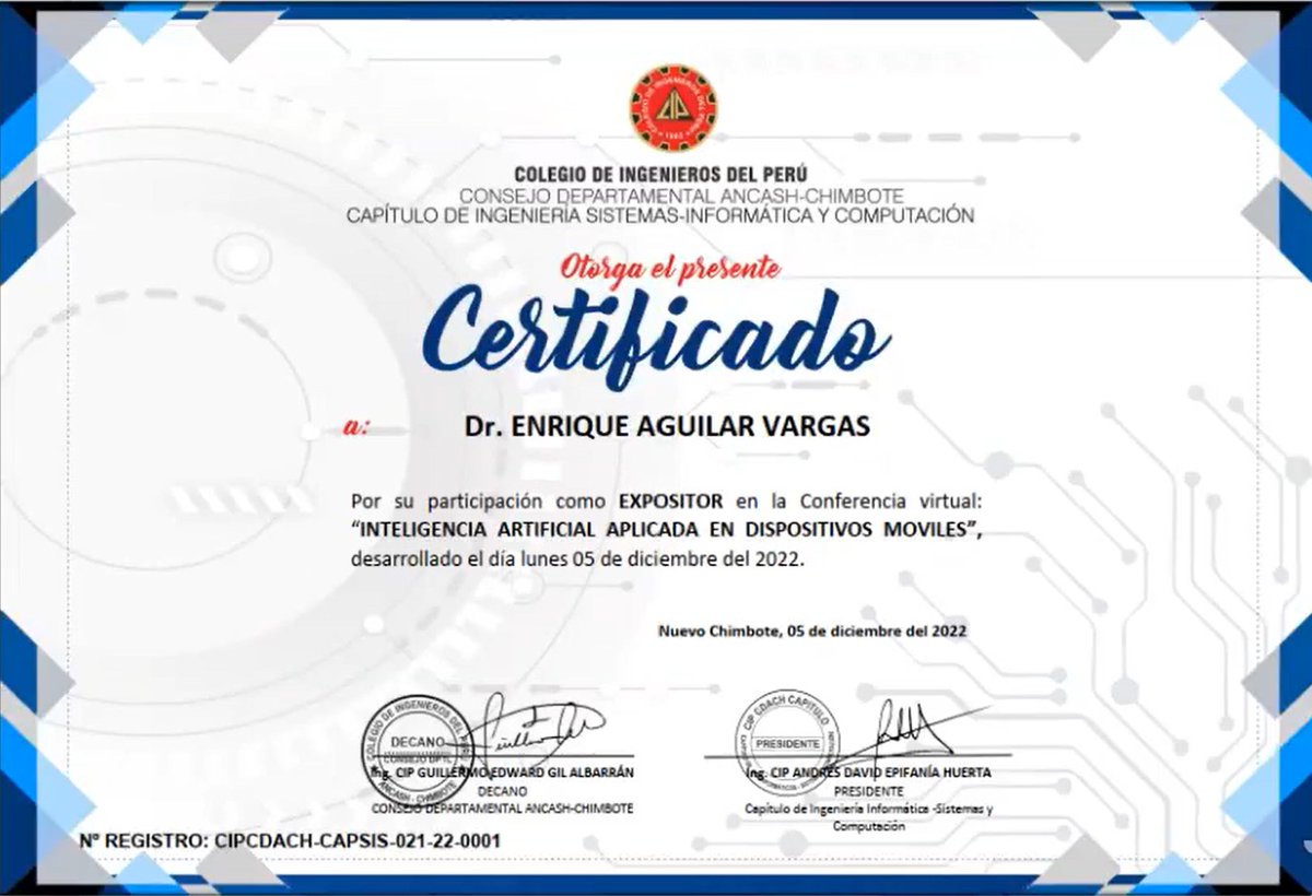 EnriqueAguilar's tweet photo. Agradezco al Colegio de Ingenieros del Perú (CDACH-CISIC) por su invitación para impartir la conferencia virtual sobre Inteligencia Artificial aplicada en Dispositivos Móviles. 
#CognitiveServices #Azure #ComputerVision #DotNetforAndroid https://t.co/Md4zjKywhK