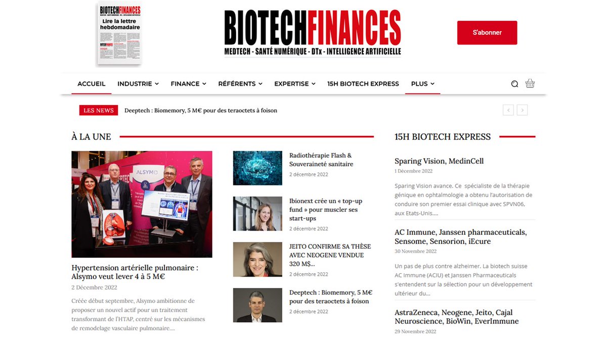 ALSYMO est à la une de Biotech et Finances
