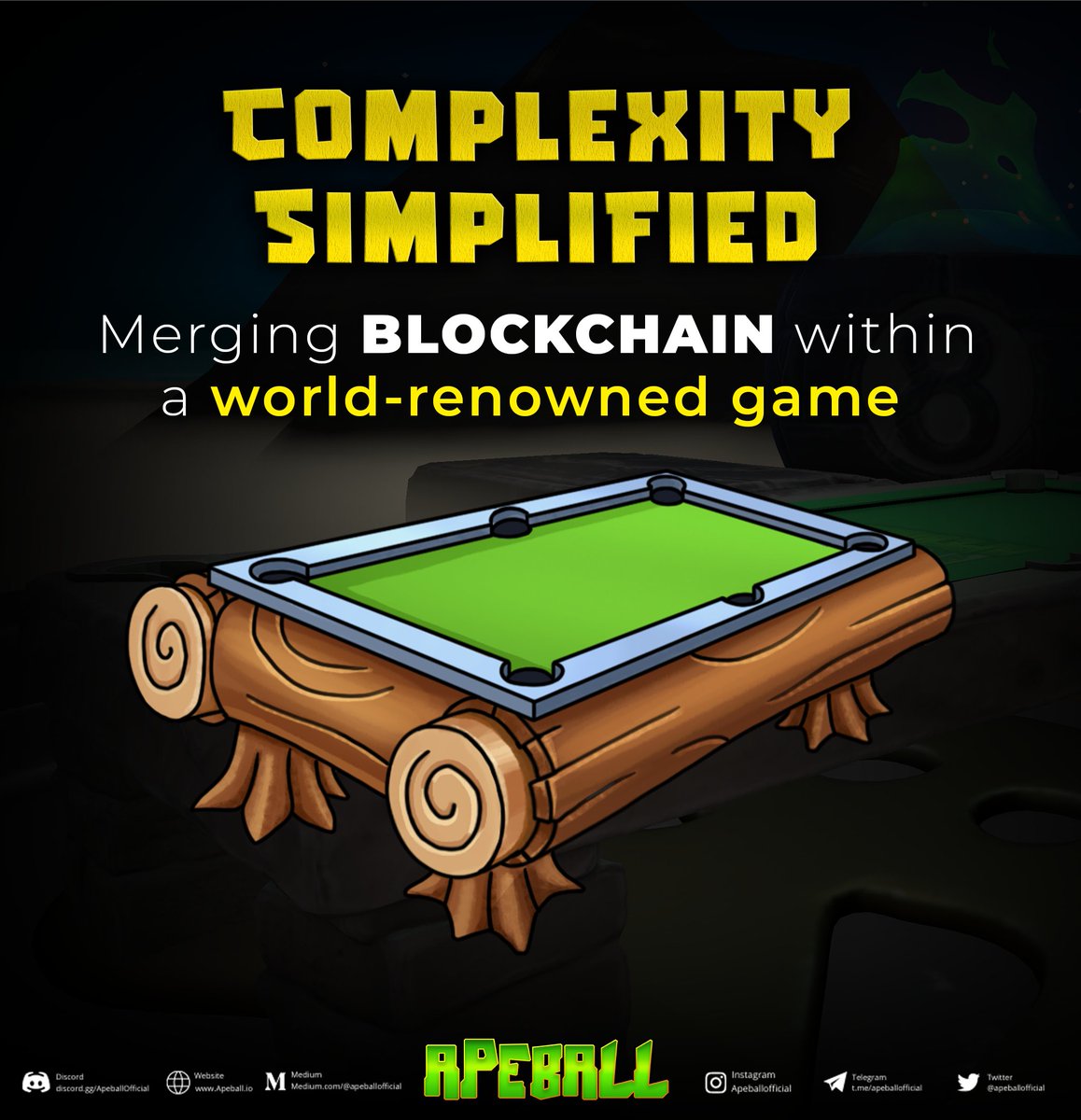 apeballofficial's tweet image. Merging Blockchain technologies within 8 Ball Pool, a well-known game played all around the world! #Apeball #8BallPool #ComplexitySimplified