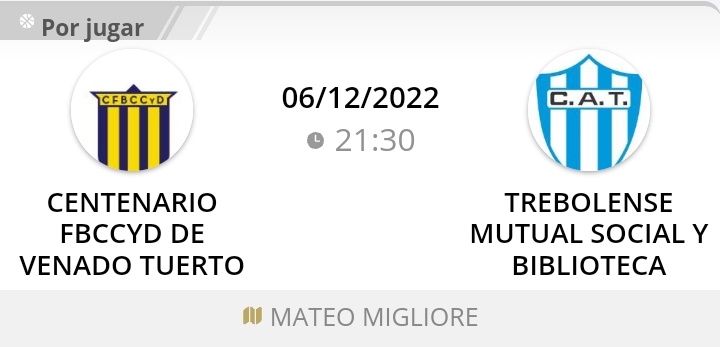 ▶️ Pre Federal CAB 5
Semifinales Juego 3
Martes 6/12 - 21:30 hs

Centenario FBCCyD vs. Trebolense 

Centenario FBCCyD 1
Trebolense 1