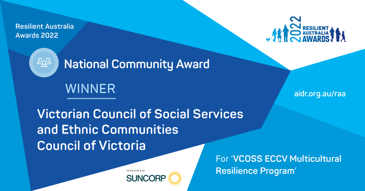 We're thrilled to receive the @AIDR_News National Community Award with @VCOSS! The award recognises our Multicultural Resilience Program which has strengthened disaster resilience in multicultural communities &amp; fostered inclusion in the emergency sector 🎉 https://t.co/Qc3ZLVSxtf 